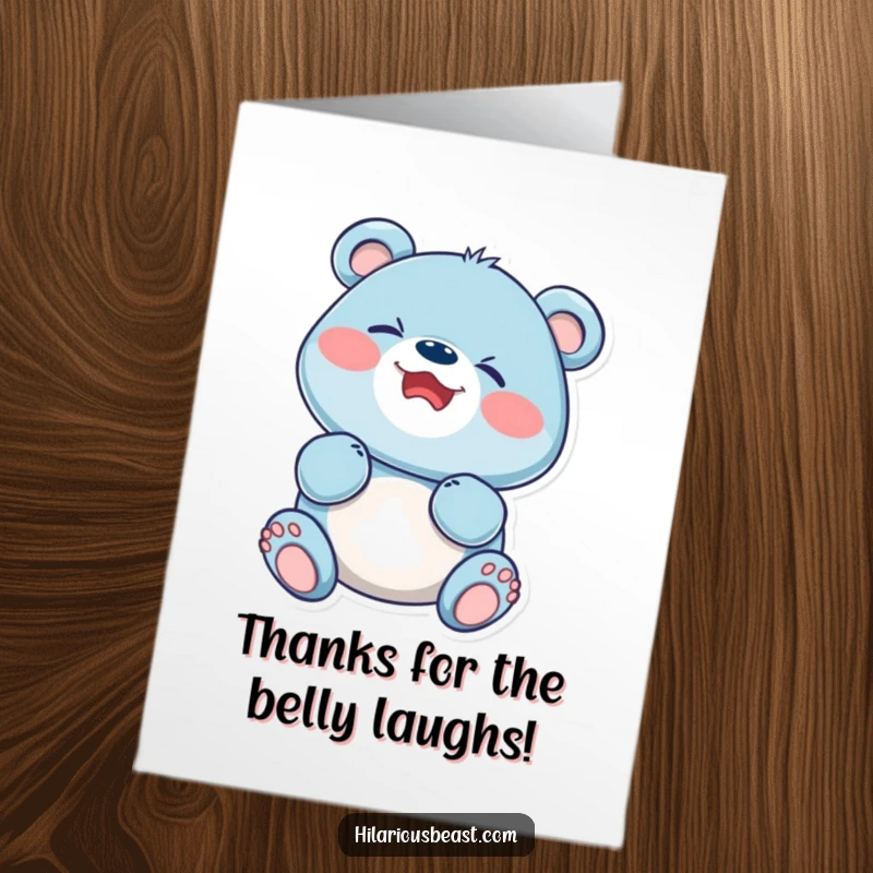 Funny Free Printable thank you card featuring a round blue bear cub with a face scrunched in delighted giggles, a perfect DIY.