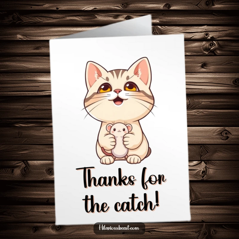 Funny Free Printable Thank You Card: A cat with a mischievous grin holding a tiny mouse toy, a humorous thank you.