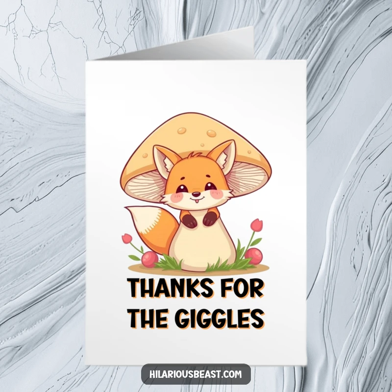 Funny Free Printable Thank You Card: A fox with a giggle peeks out from behind a wobbly mushroom.