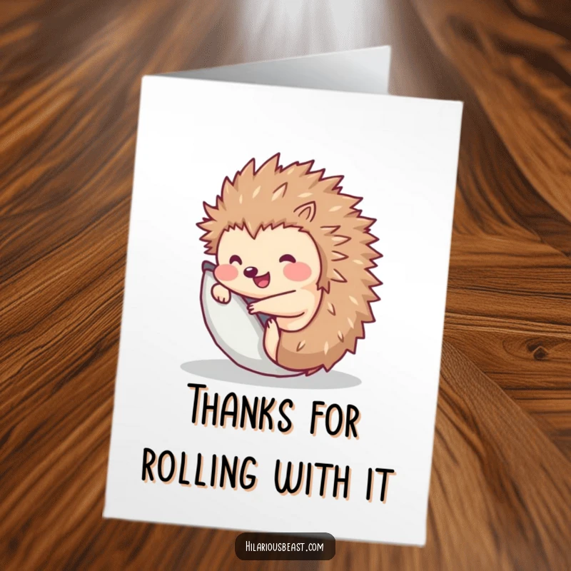 Funny free printable thank you card with a cheerful hedgehog rolling into a ball and popping up to express gratitude.