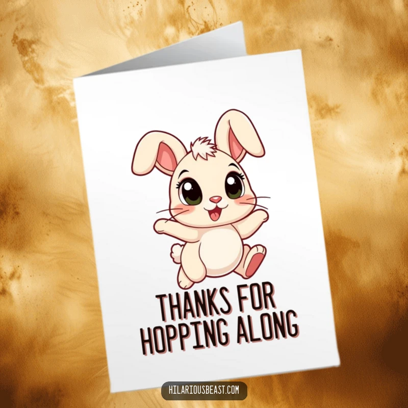 Funny Free Printable Thank You Card: A cartoon bunny with big eyes and floppy ears hops forward with joy and thanks.