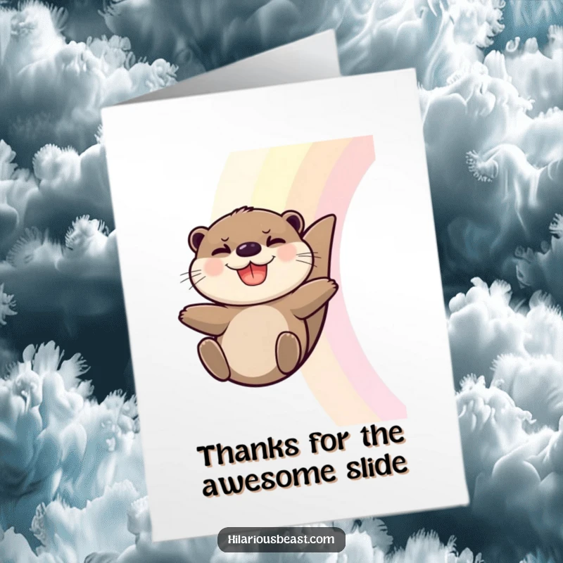 Funny free printable thank you card with a grinning otter sliding down a rainbow, expressing pure delight.