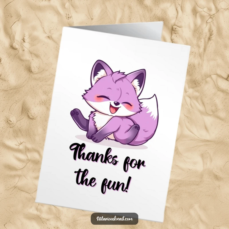 Funny Free Printable thank you card featuring a purple fox cub tumbling head over heels with sheer glee, a delightful DIY.