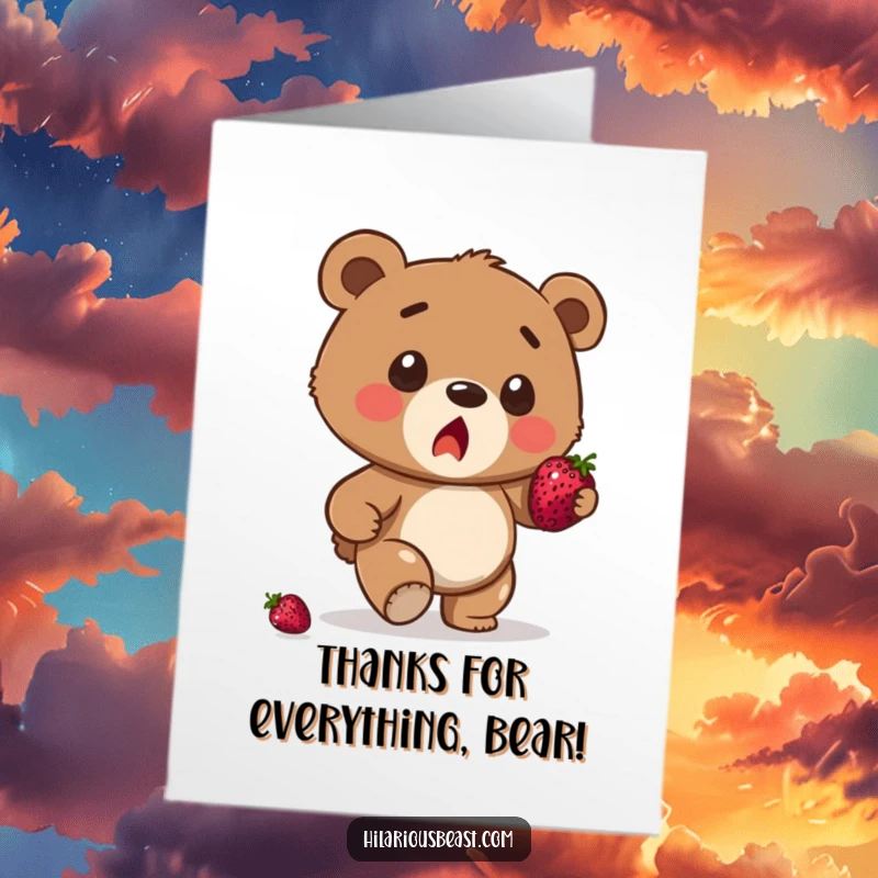 Funny free printable thank you card featuring a surprised brown bear cub stumbling over a berry.