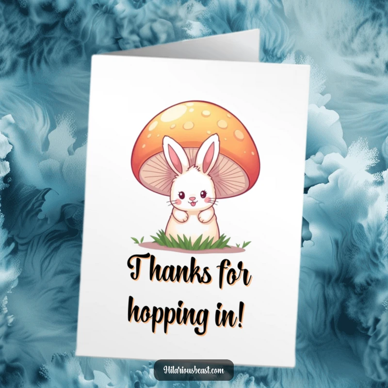 Funny Free Printable Thank You Card: A fluffy bunny peeks from behind a big, colorful mushroom, saying thanks.
