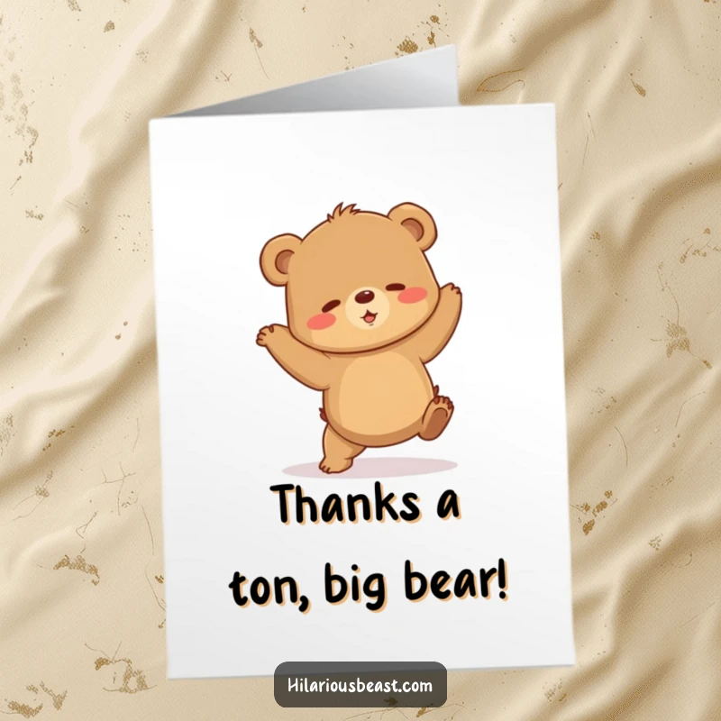 Funny Free Printable Thank You Card with a clumsy brown bear cub mid-shaky dance, expressing thanks energetically.