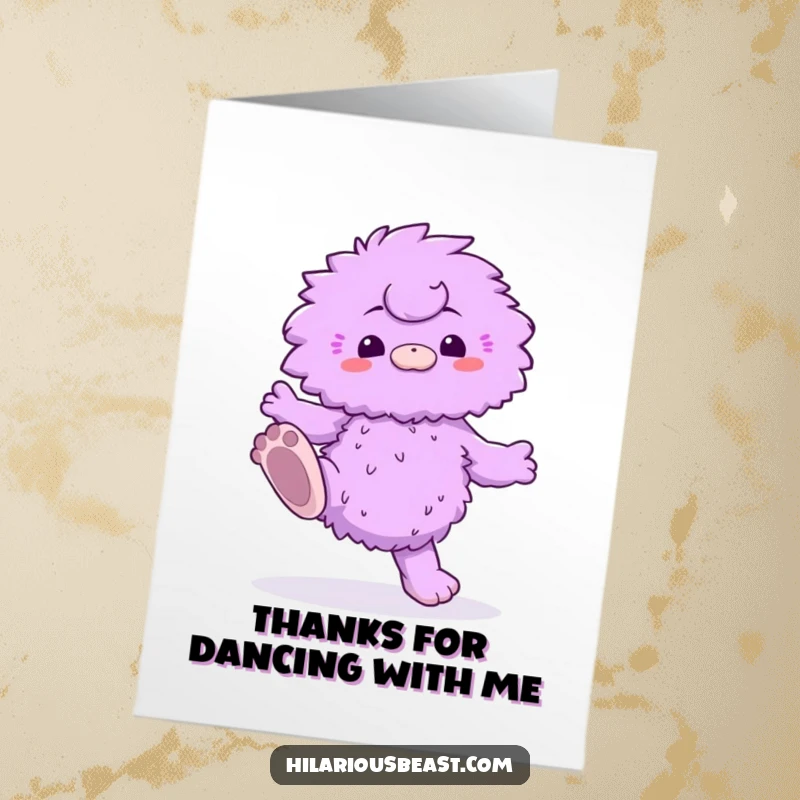Funny Free Printable Thank You Card: A silly purple creature with massive feet is doing a comical dance, expressing thanks with humor.