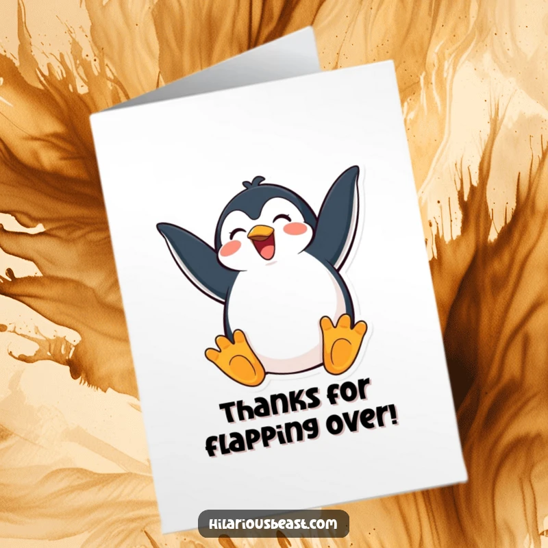 Funny free printable thank you card with a cheerful penguin flapping its wings in exaggerated excitement, a delightful way to express thanks.