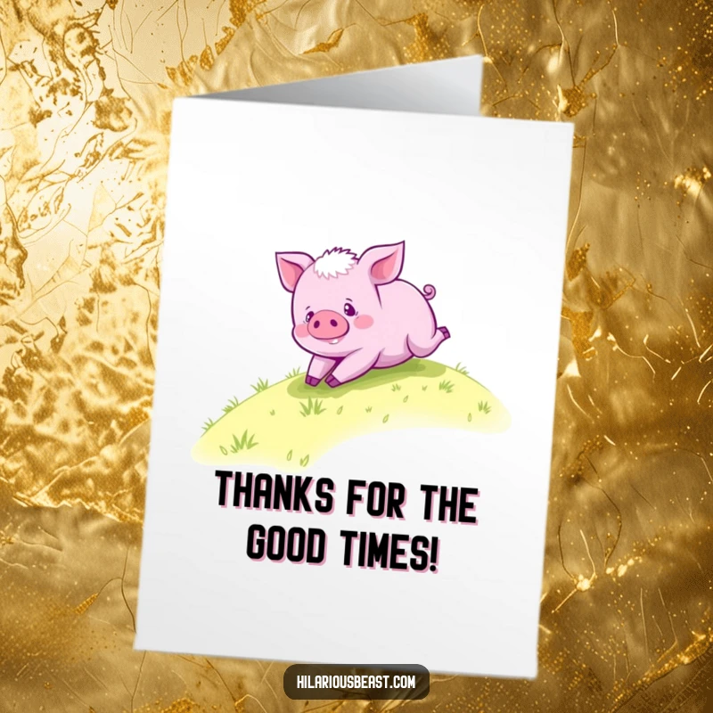 Funny free printable thank you card showing a purple piglet happily rolling down a hill in thanks.
