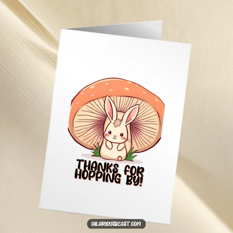 Funny free printable thank you card with a startled rabbit hiding behind a wobbly mushroom, a unique way to say thanks.