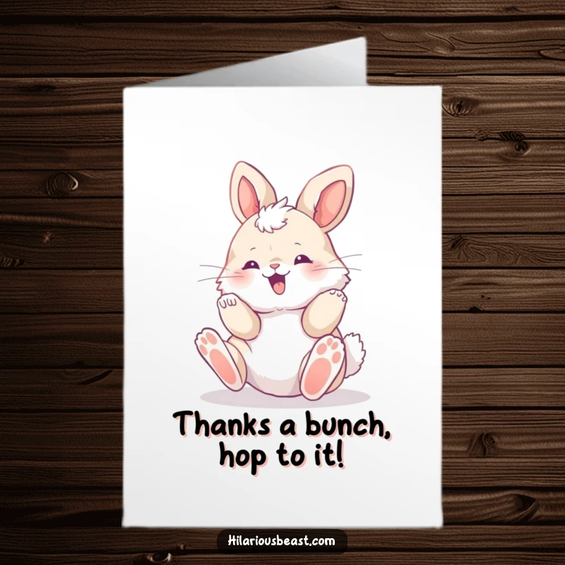 Funny Free Printable Bunny Thank You Card: Fluffy cub rolling happily, paws in the air expressing heartfelt thanks.