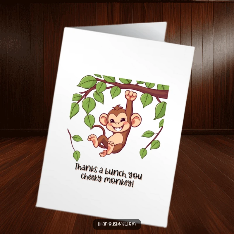 Funny Free Printable Thank You card featuring a mischievous monkey swinging from a vine with a happy, appreciative grin.
