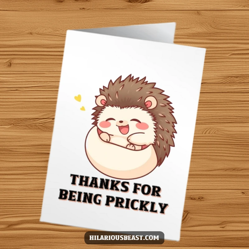 Funny Free Printable Thank You Card with a happy hedgehog giggling uncontrollably as it rolls into a ball.