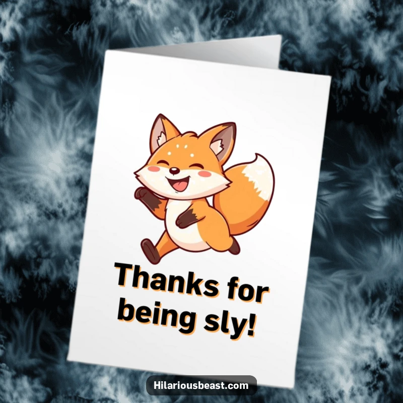 Funny Free Printable Thank You Card: A kawaii fox leaps with a wide grin and wagging tail, expressing energetic and heartfelt thanks.