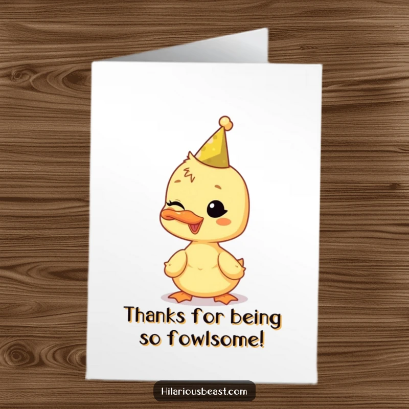 Funny Free Printable Thank You Card: A happy duckling in a party hat winks, sending a charming and heartfelt thank you.