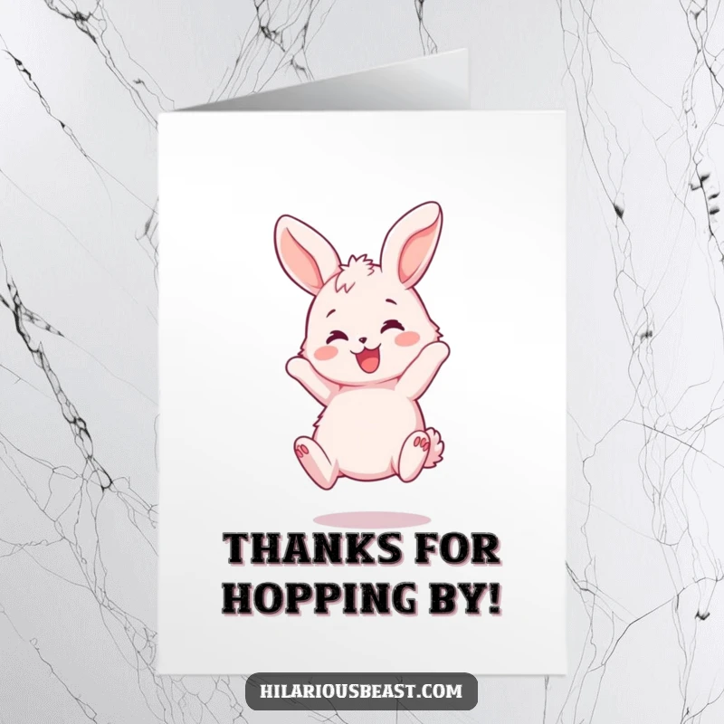 Free Printable Thank You Card: Fluffy pink bunny bouncing with joy, ears flopping, expressing thanks, cute animal.