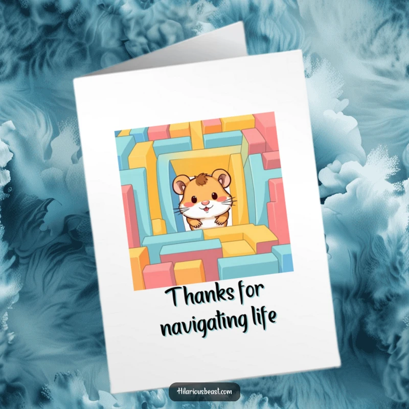 Funny Free Printable Thank You Card: A curious hamster peeks out of a colorful maze, expressing thanks with playful mischief.