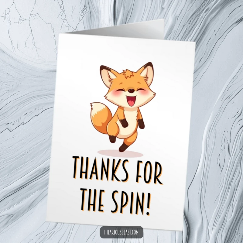 Funny free printable thank you card depicting a goofy fox joyfully chasing its tail in a dizzy, circular motion, a unique way to say thanks.
