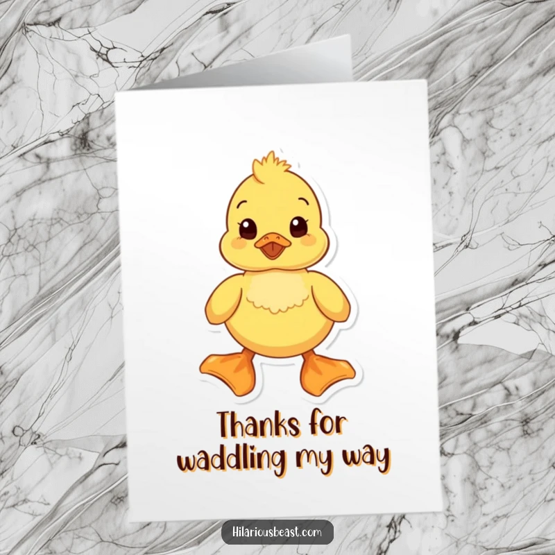 Funny free printable thank you card with a cheerful duckling waddling on oversized feet, conveying thanks. A downloadable appreciation!
