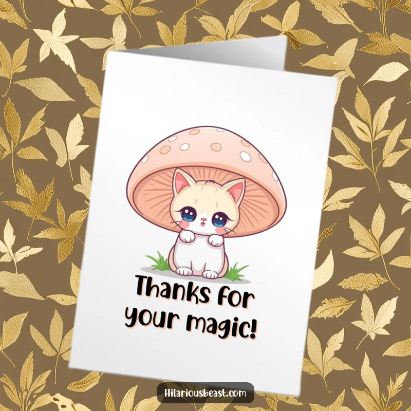 Funny Free Printable Thank You Card: A cat peeking from a giant mushroom with twinkling eyes, a magical thank you.