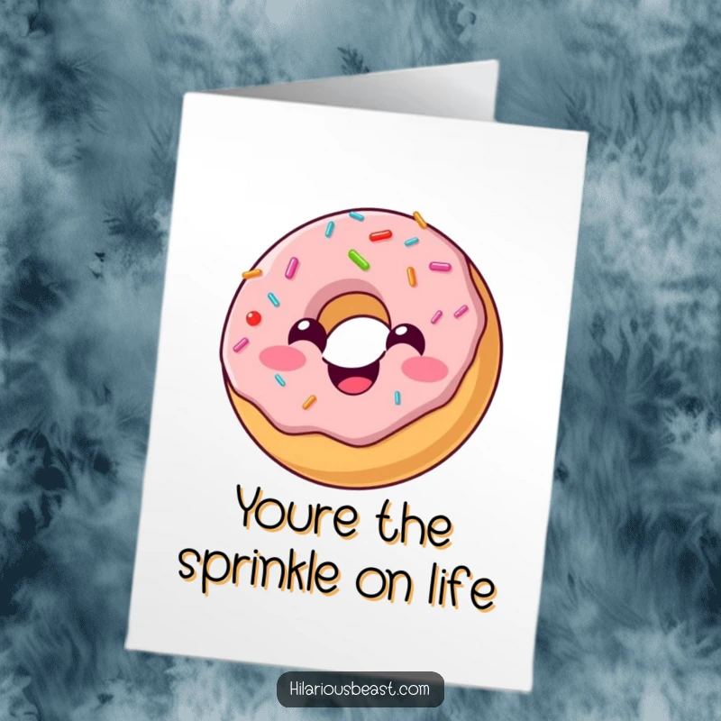 Funny Free Printable Thank You Card featuring a cheerful, round donut with sprinkles bouncing with happiness, perfect for thanks.
