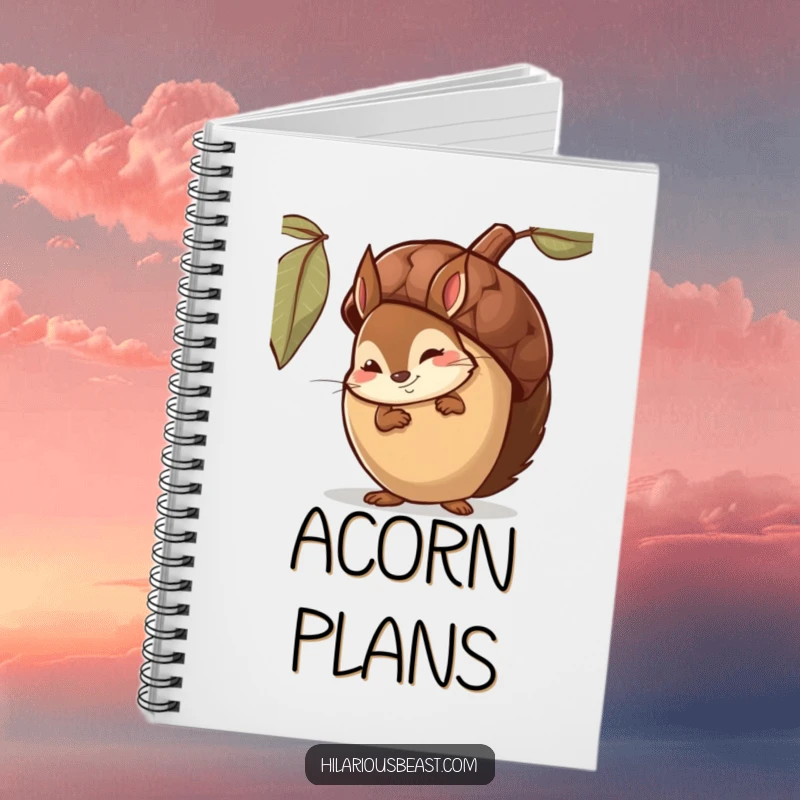 Funny Notebook with a shy squirrel peeking from behind a large acorn, offering a knowing smirk for your notes.