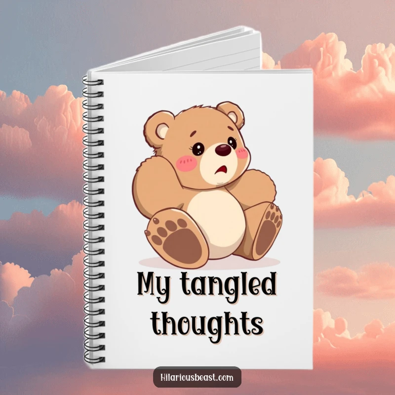 Funny small bear cub tripping over paws, looking bewildered, open notebook, encouraging creative writing and embracing imperfect ideas.