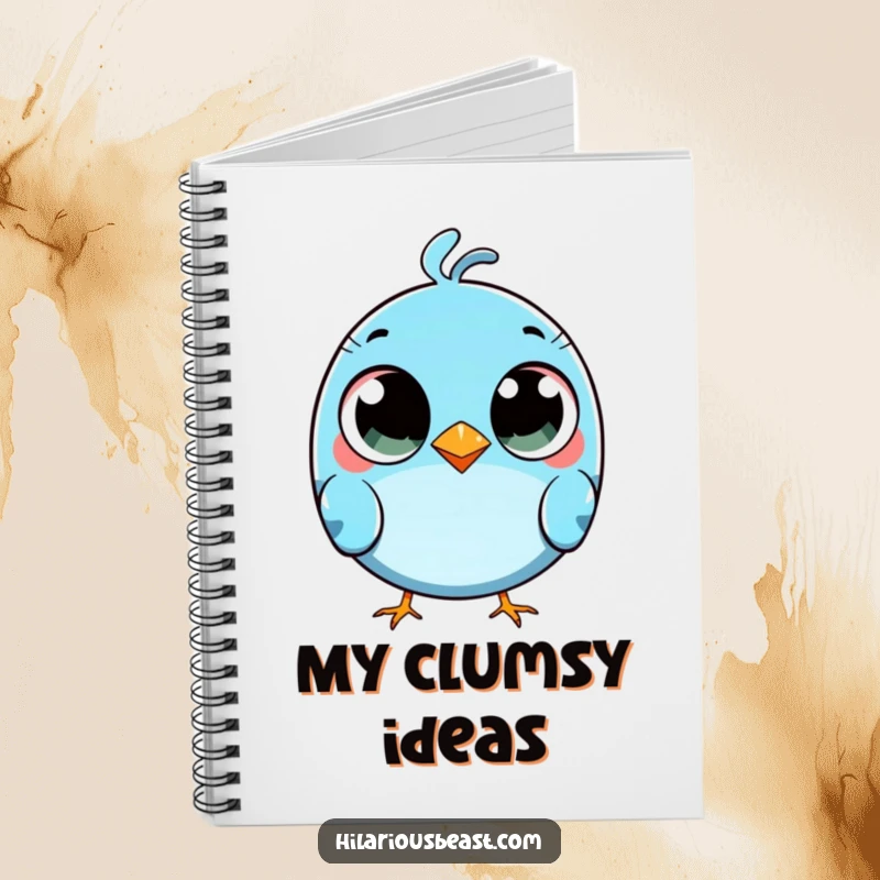 Funny round blue bird notebook with comically wide eyes, tripping slightly, for jotting down clumsy thoughts.