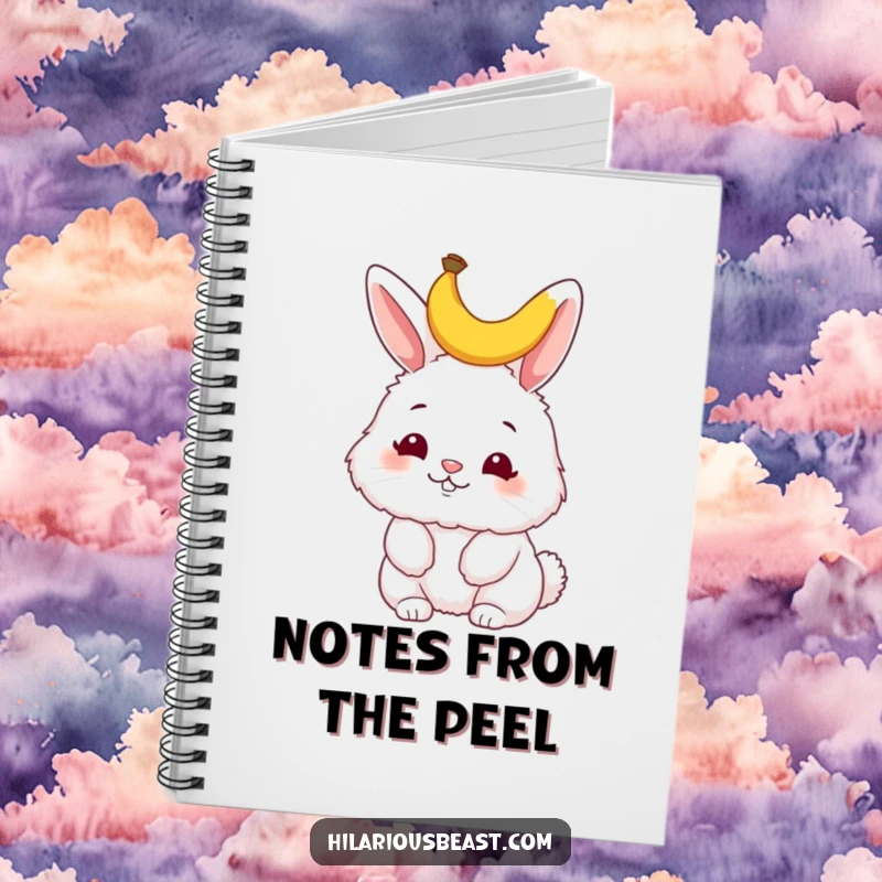 Funny bunny notebook, a fluffy bunny wiggling its nose, with a tiny banana peel on its head, encouraging playful notes and whimsical brainstorming.