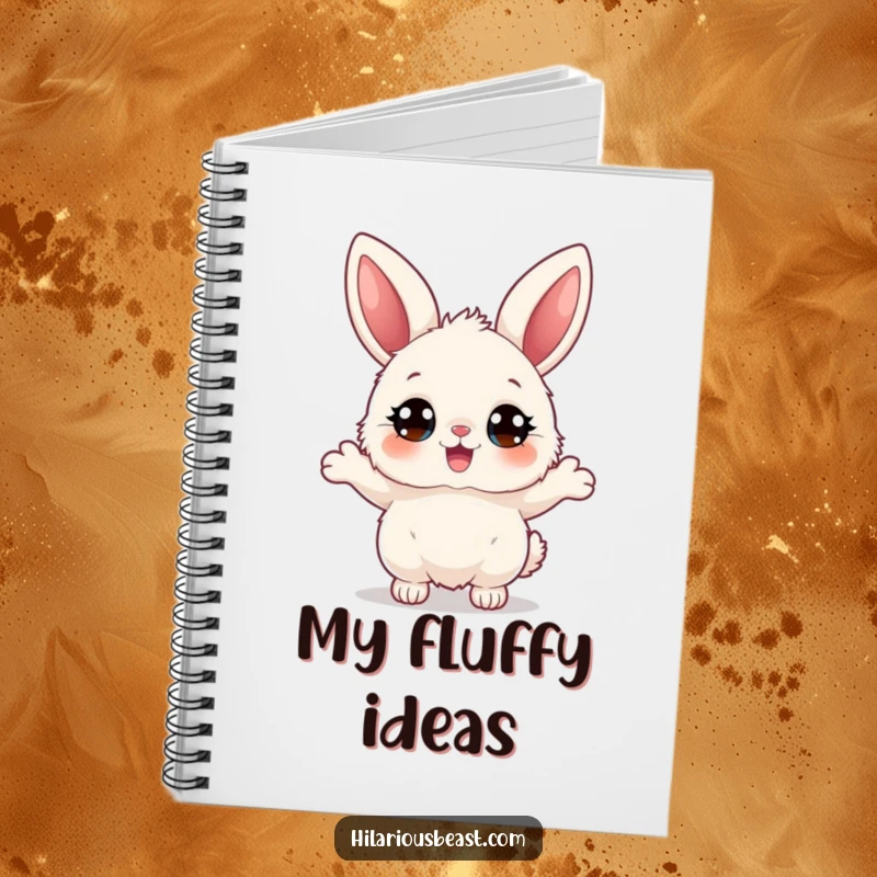 Funny fluffy bunny notebook, a character with big eyes bouncing joyfully, ideal for jotting down notes with a touch of adorable, humorous charm.