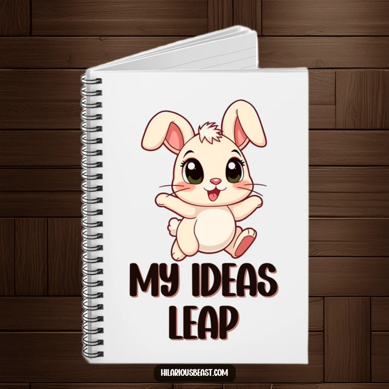 Funny cartoon bunny notebook with large eyes, ears flopped forward, hopping with pure joy.