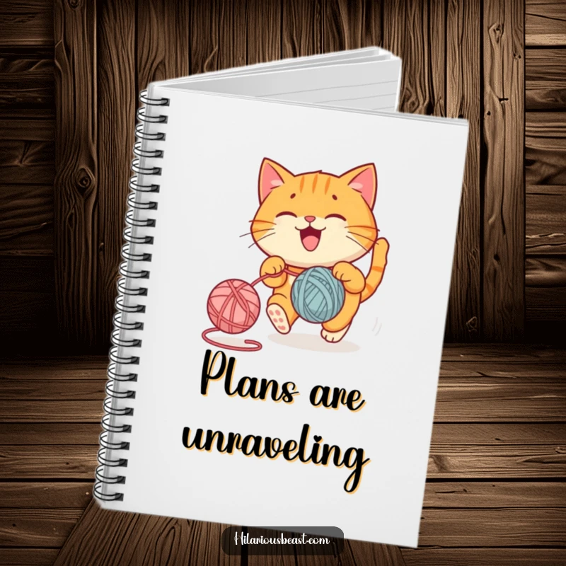 Funny notebook cover with a round orange cat joyfully chasing a bouncing yarn ball, a creative funny gift.
