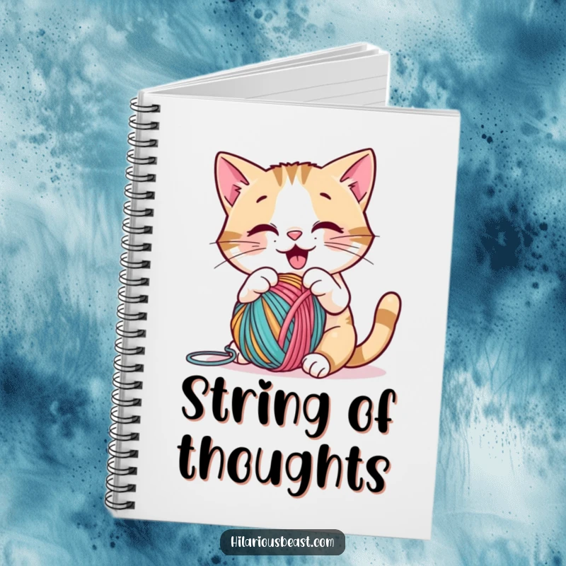 Funny cat playing with yarn on a notebook cover, ideal for writing and adding playful humor as a funny gift.