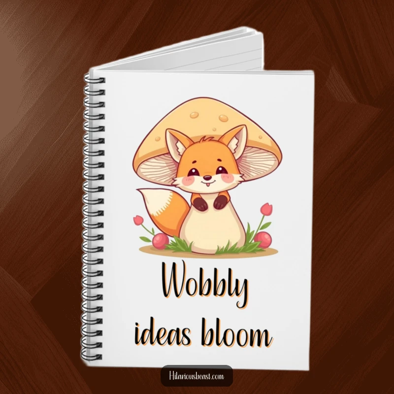 Funny fox notebook design of a giggling fox peeking from behind a wobbly mushroom, perfect for jotting down ideas.