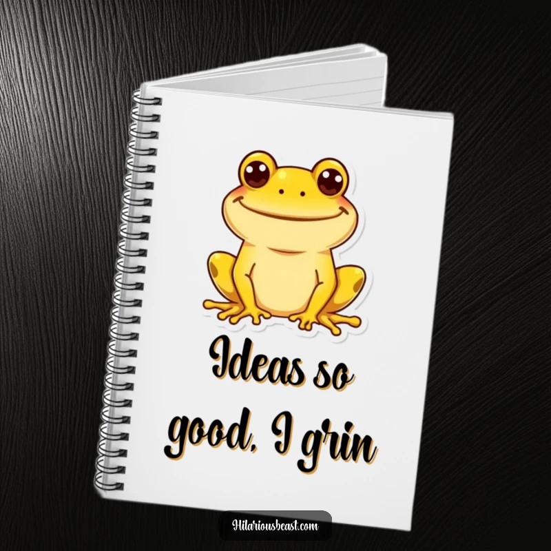 Funny yellow frog notebook with a wide, goofy grin, perfect for planning, doodling, or writing with a cheerful, silly touch. A funny companion.