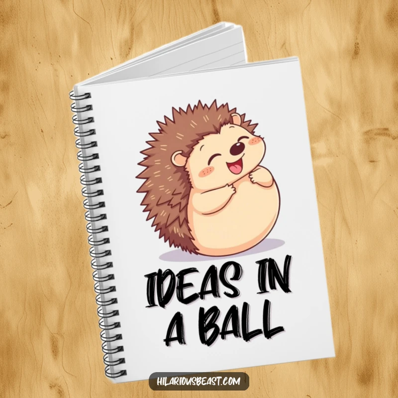 Funny Hedgehog Notebook with a plump, grinning hedgehog rolling into a ball on the cover, perfect for notes.
