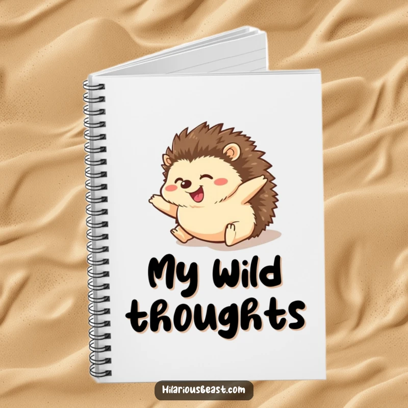 Funny hedgehog notebook with a cover depicting a chubby hedgehog joyfully rolling downhill with paws spread, perfect for jotting down funny thoughts.