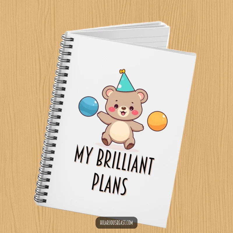 Funny notebook cover featuring a cute bear cub in a party hat, expertly juggling three bright balls, perfect for jotting down funny ideas.