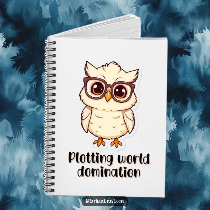 Funny owl chick with oversized glasses, tilting head, blank journal, perfect for notes.