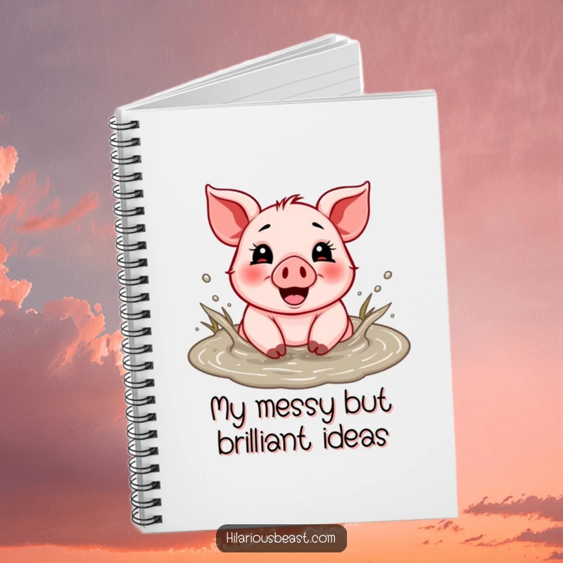 Funny notebook with a cheerful piglet splashing gleefully in a muddy puddle.