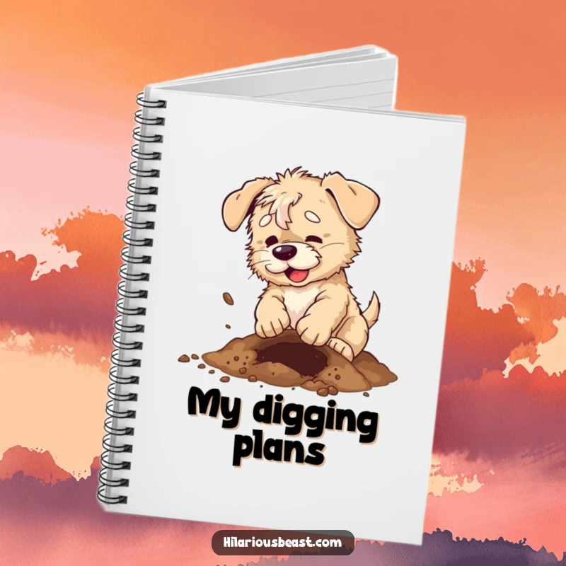 Funny scruffy puppy notebook with a dog digging a hole, dirt flying, great for jotting notes.