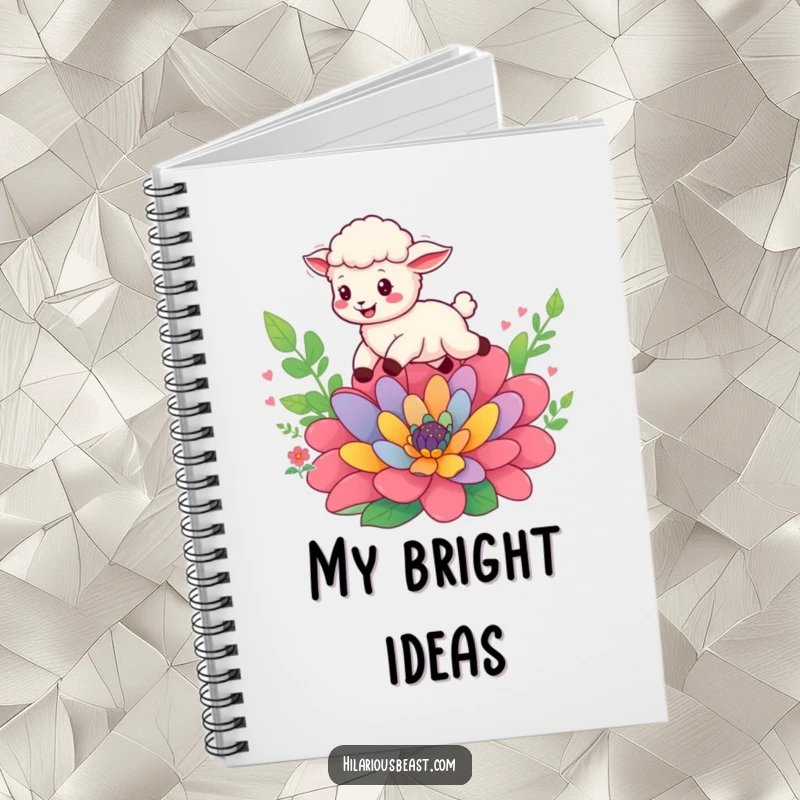 Funny cheerful sheep cub leaping over a flower, open notebook, encouraging creative writing and happy note-taking.