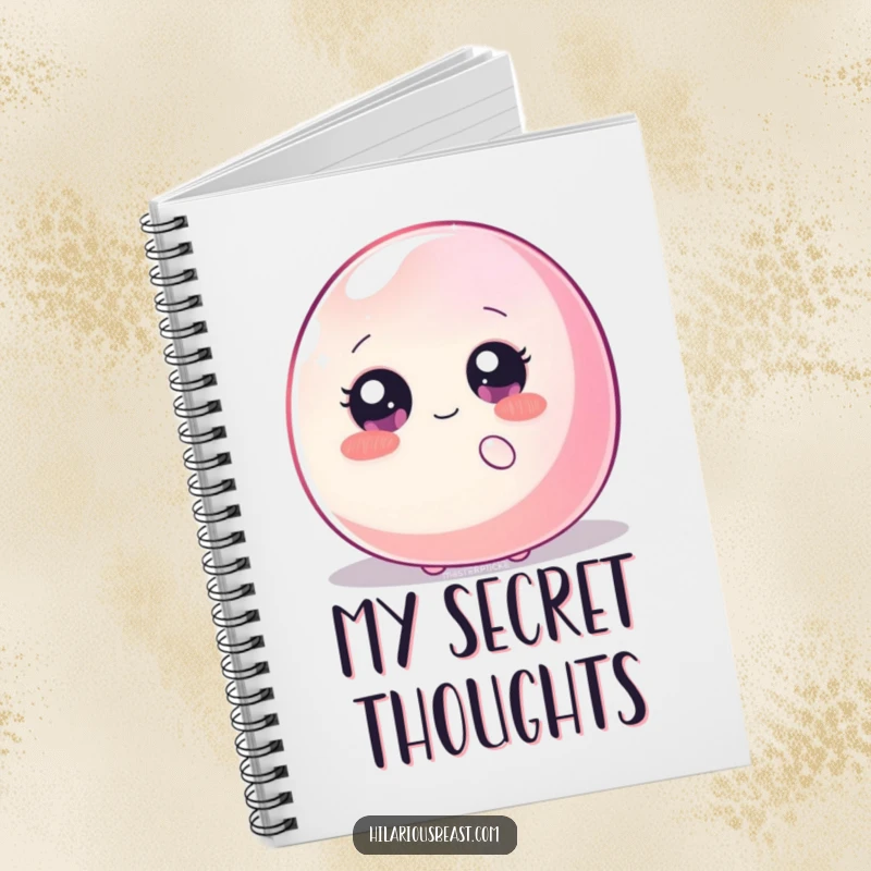 Funny notebook cover featuring a shy blob with sparkly eyes peeking from behind a giant, wiggling jellybean, ideal for jotting down humorous ideas.
