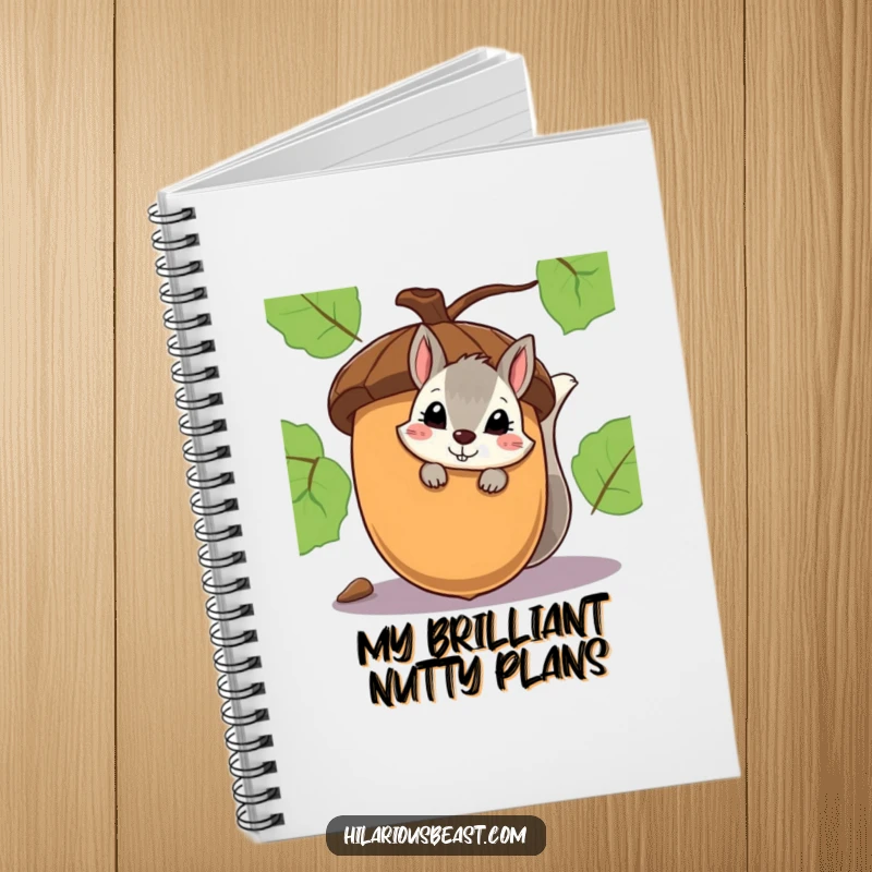 Funny notebook with a shy squirrel peeking with a smirk from behind a large acorn.