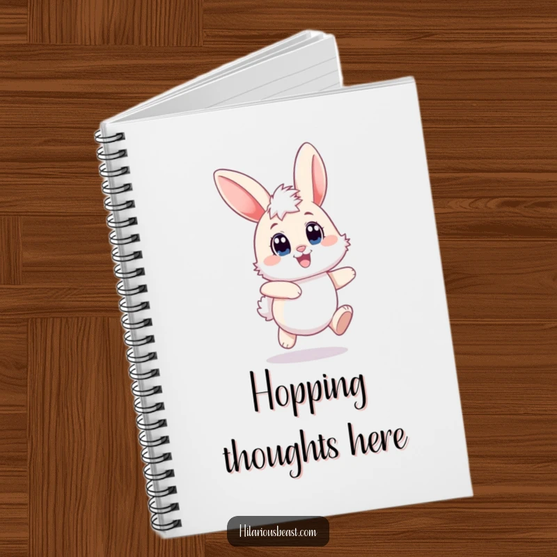 Funny bunny notebook design of a fluffy rabbit hopping joyfully, ears flopping, ready to record thoughts with cheerful energy.