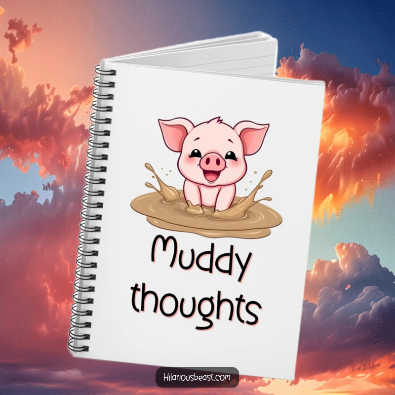 Funny Notebook with a cheerful piglet splashing in a mud puddle, ready to record your happy thoughts and doodles.