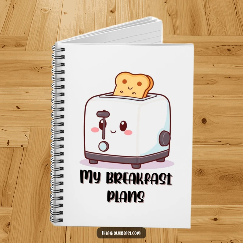 Funny notebook cover with a square toaster with a happy expression, popping toast upwards with a spring, great for jotting ideas.