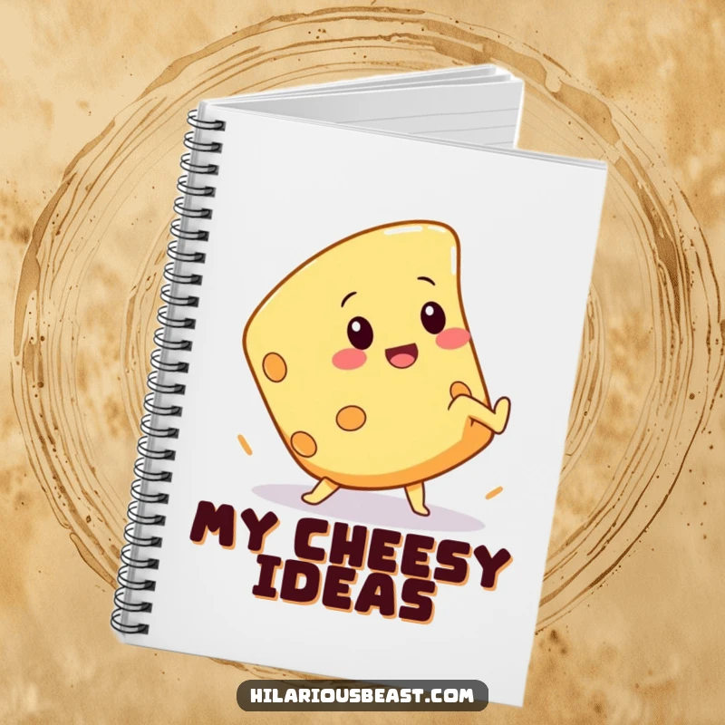 Funny notebook featuring a squeaky cheese wedge character in a comical cartwheel pose, perfect for jotting down humorous notes.
