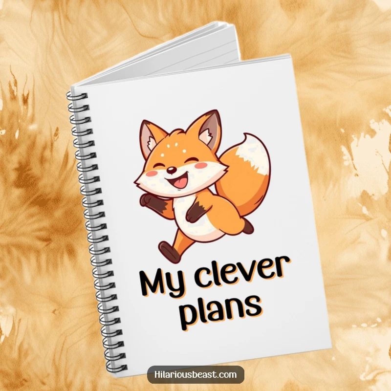 Funny kawaii fox notebook with a cover depicting a grinning fox leaping mid-air, tail wagging, encouraging lively note-taking.