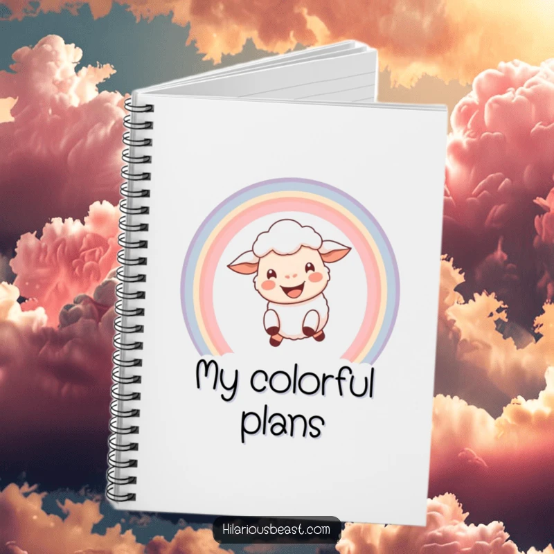 Funny notebook cover with a happy sheep with a wide grin leaping through a vibrant rainbow, perfect for capturing joyful thoughts.